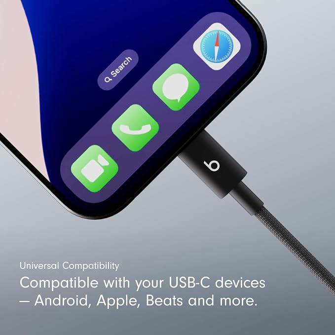 Beats USB-C to USB-C Woven Short Cable Fast Charging Durable/Tangle-Free Compatible Charger for Apple & Android Devices (8 in, 20 cm) - Bolt Black