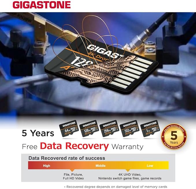【5-Years Data Recovery】【Designed for Drone】GIGASTONE 64GB Micro SD Card, 4K Drone Pro Max, A2 V30 for DJI Drone, Gopro, 4K UHD Video Recording, R/W up to 95/35 MB/s, UHS-I U3 C10 Class 10 with Adapter