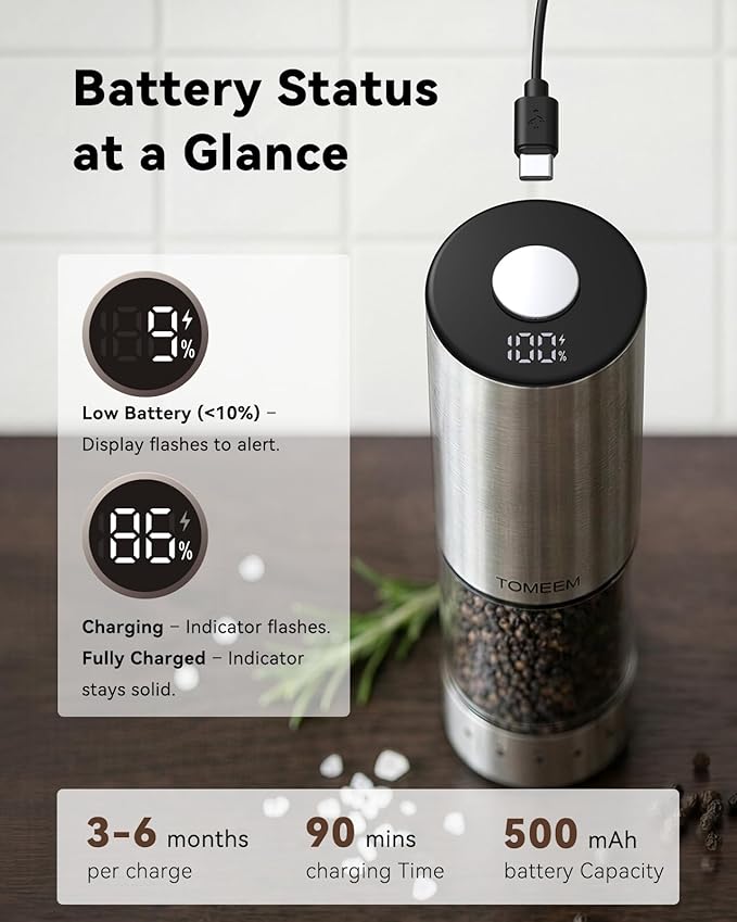 TOMEEM Rechargeable Electric Salt and Pepper Grinder Set, 115ml Large Capacity Stainless Steel Automatic Pepper Mill with Storage Base, LED Display and Light (Silver, Clear Storage Base)