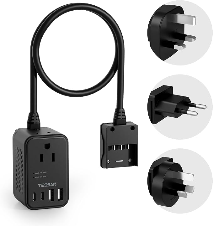 TESSAN 220 to 110 Voltage Converter US to Europe, International Power Adapter with 4 USB Ports(2 USB C), 2 AC and EU/UK/AU Plug Universal Power Converter Adapter Combo, Step Down Transformer Black