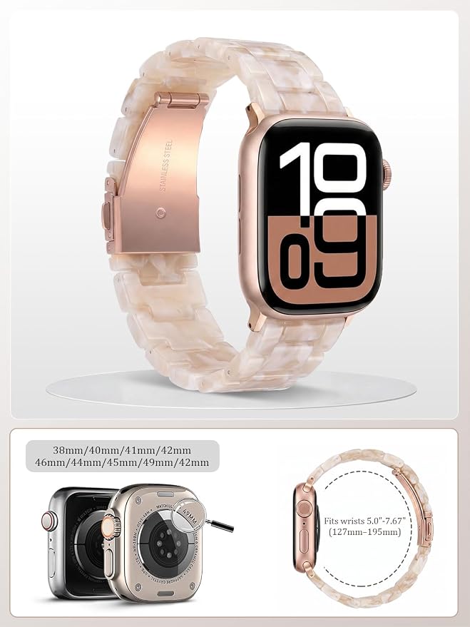 V-MORO Lightweight Resin Bands Compatible with Apple Watch Series 11/10/9/8/7 Band Rose Gold Stainless Steel Buckle Fashion Strap for iwatch Series SE/6/5/4/3/2/1(Pink Tan,42mm/41mm/40mm/38mm)