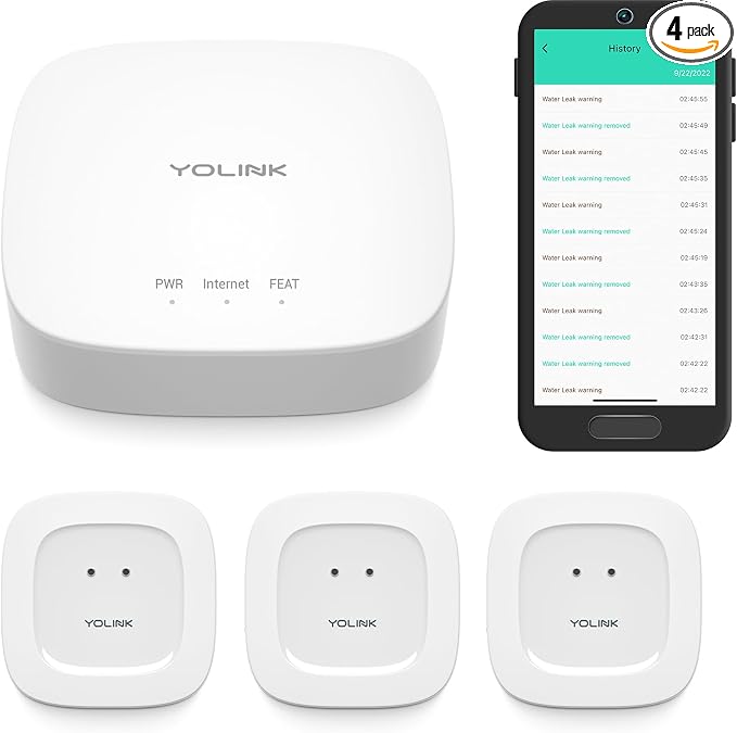YoLink Smart Home Starter Kit: Hub & 3-Pack Water Leak Sensor 1, LoRa Up to 1/4 Mile Open-Air Range, SMS/Text, Email & Push Notifications, w/Alexa, IFTTT, Home Assistant