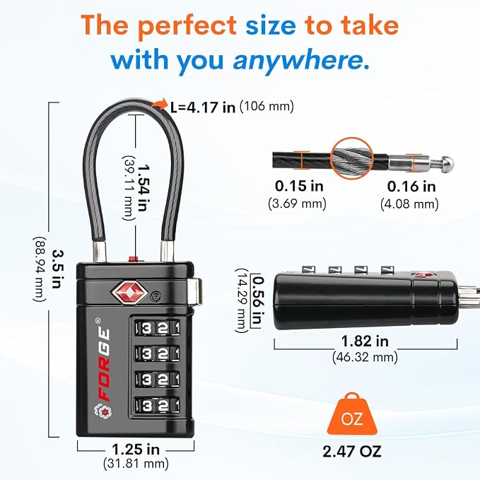 Forge Open Alert TSA Approved Luggage Locks 4 Digit Combination TSA Travel Locks with TSA008, Zinc Alloy Body for Luggage, Suitcase, Backpack, and More. Black 4 Locks.