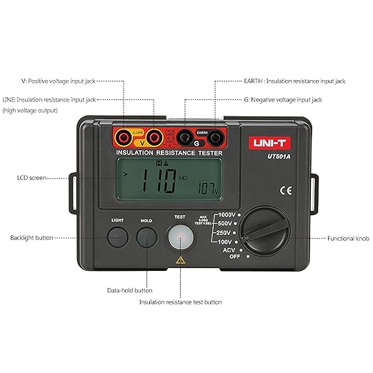 Megohmmeter, UNI-T Insulation Tester 1000v, Will Accurately Measure Insulation Values up to 1000 Megohms at 750 Volts, Electrical Tester 0-5G Ohm Meter, 2000 Counts LCD Display with Backlight UT501A