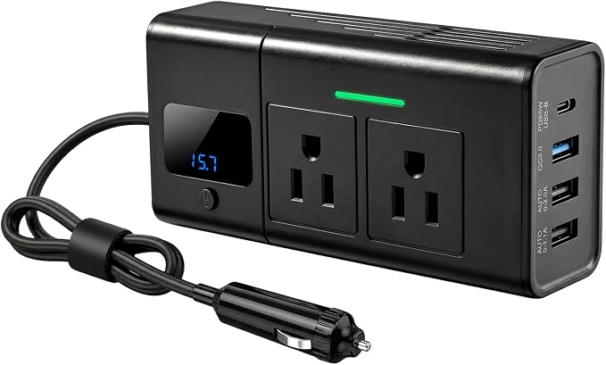 HANSSHOW 200W Car Power Inverter for Tesla Model Y/Juniper/3/S/X 16V Compatible Dual DC 12V to 110V AC Outlet Adapter 30W USB-C &18W USB Fast Car Converter with LED Display for Road Trip Camping Gift