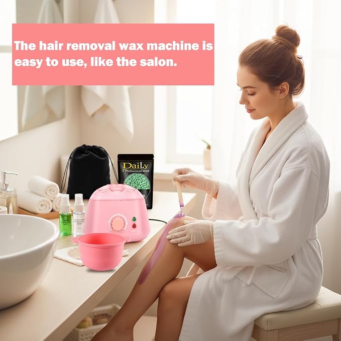 Wax Warmer Kit for Sensitive Skin - Professional Hard Wax Beans Kit with Silicone Liner, Gloves & Storage Bag, BPA-Free & Dermatologist Tested for Face, Bikini Line, Legs & Full Body (PINK)