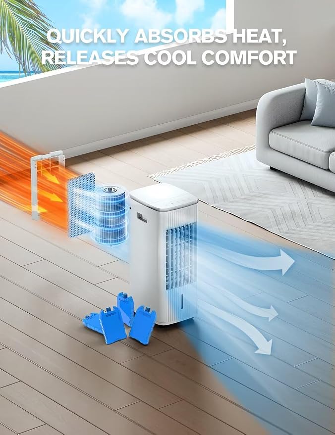 Portable Air Conditioners, 3-IN-1 Evaporative Air Cooler w/ 4 Ice Packs, 3L Water Tank, 7H Timer for Auto-Off, Swamp Coolers Portable Ac with 70° Oscillation,for Room Bedroom Office, White