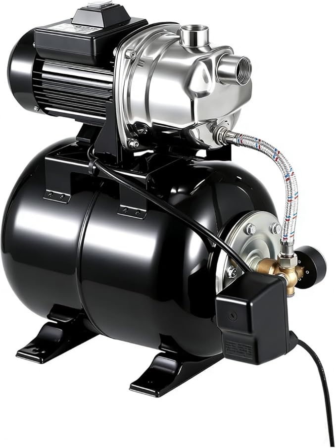 Powerful 1.6HP Shallow Well Pump with Pressure Tank, 1320GPH High Flow, 164ft Max Head, Stainless Steel Construction, Auto Pressure Switch - Ideal for Home/Farm/Garden/Yard Water Supply (Black)