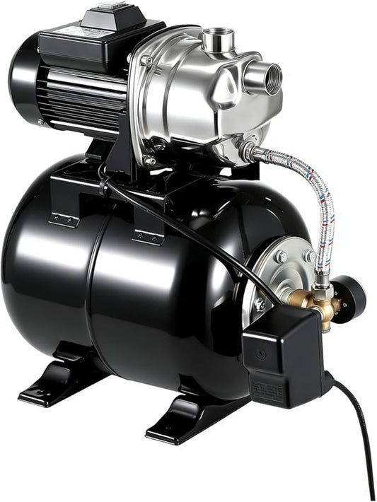 Powerful 1.6HP Shallow Well Pump with Pressure Tank, 1320GPH High Flow, 164ft Max Head, Stainless Steel Construction, Auto Pressure Switch - Ideal for Home/Farm/Garden/Yard Water Supply (Black)