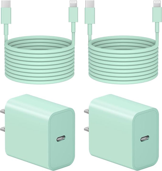 Coreykin 10 Ft iPhone Fast Charger, 2-Pack 20W Super Fast Charger with Long Fast Charging Cable for iPhone 14/13/12/11 Pro Max,14 Plus,Mini,Pro/XS/SE/XR/iPad - Green
