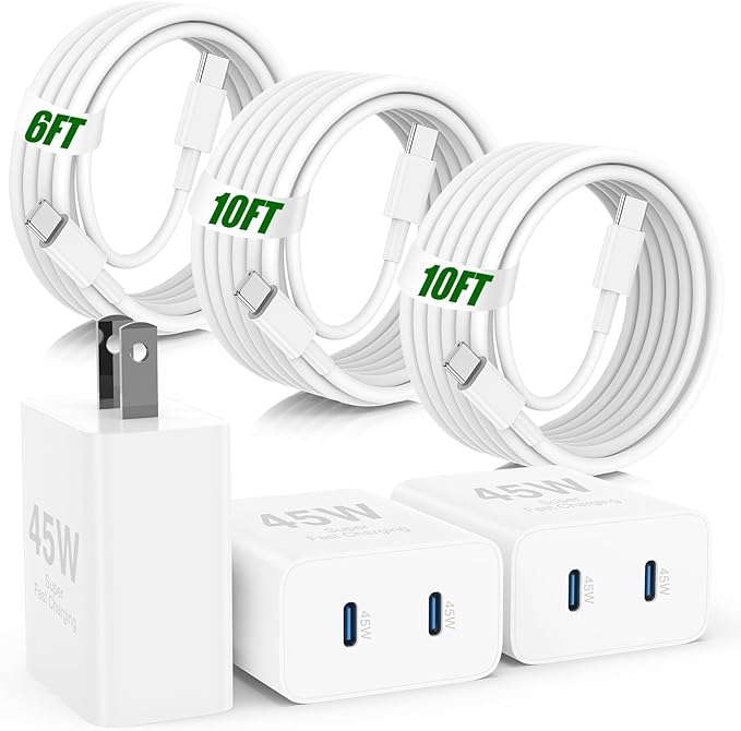 45W Super Fast Charger Type C for Samsung S26+,3Pack 45W Dual Port USB C Fast Phone Charger Block & 6/10/10FT Type C Charging Cord for Samsung Galaxy S26 S25 Ultra/S24/S23,Android,Tablet,iPhone 17