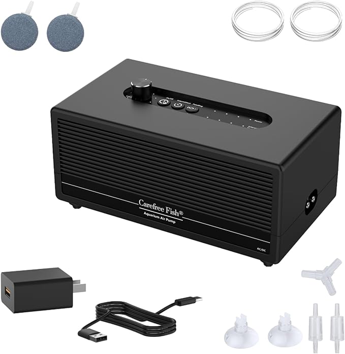 Carefree Fish 6W USB Lithium Battery Air Pump Auto Start During Power Outage Dual Air Outlets Work for 15~96 Hours with 2 Air Stones and 15Ft Silicone Tubing
