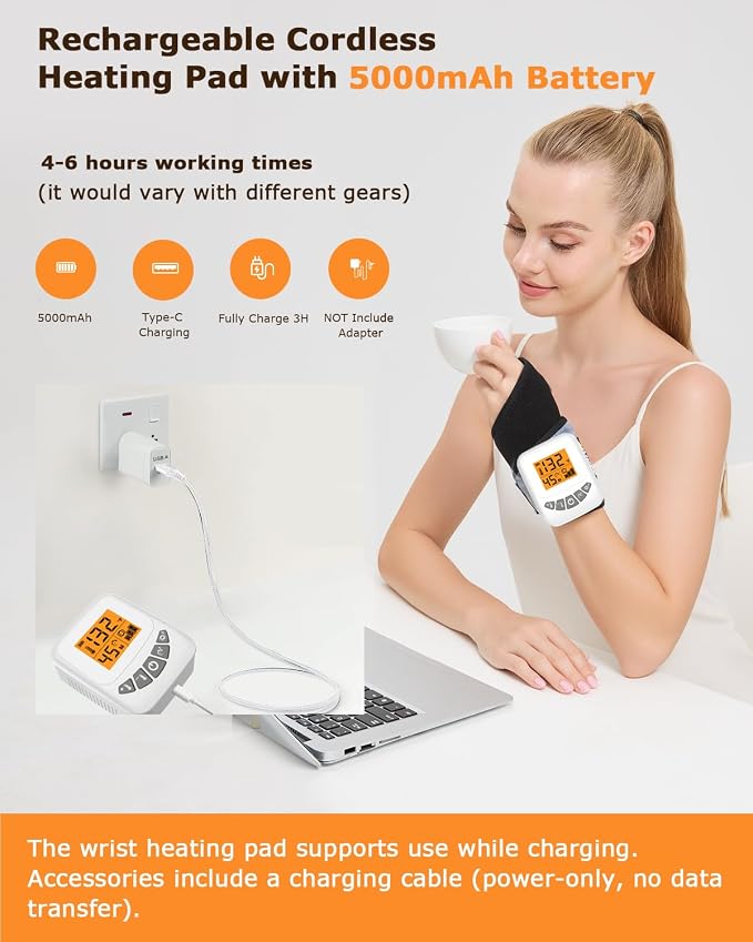 Cordless Wrist Heating Pad for Arthritis and Carpal Tunnel Relief, 5000mAh Battery Wrist Massager, 3-Level Vibration Massage, 104-140°F Adjustable Temp, 30/45/60Mins Timer, Type-C Cable & Storage Bag