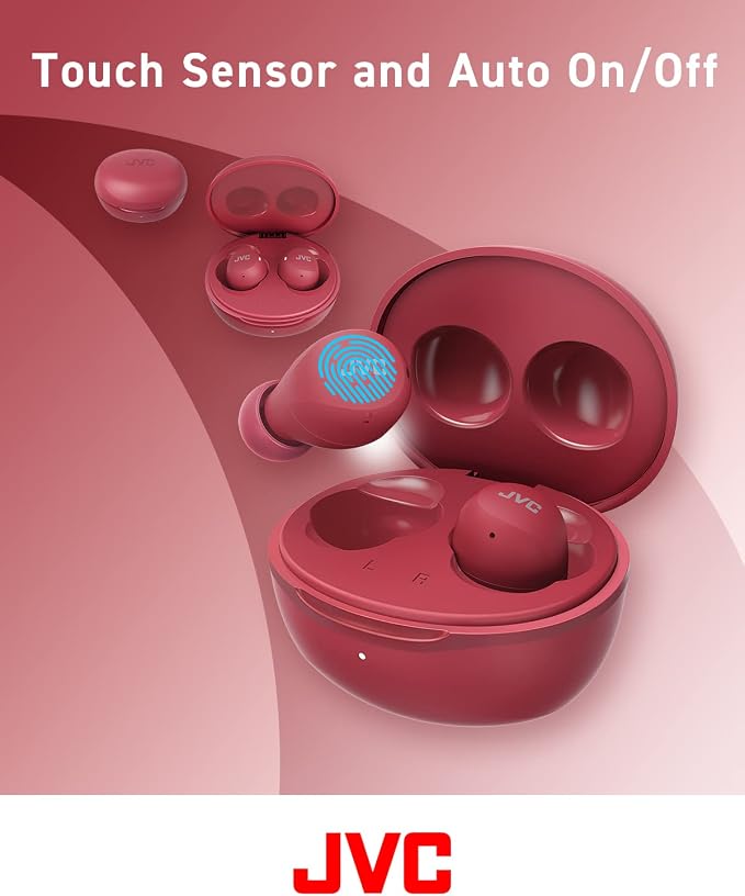 JVC Compact and Lightweight Gumy Mini True Wireless Earbuds Headphones, Long Battery Life (up to 23 Hours), Sound with Neodymium Magnet Driver, Water Resistance (IPX4) - HAA6TR (Red)