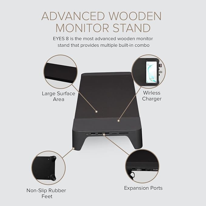 POUT E8 Wood Desk Monitor Computer Stand Riser Shelf + USB HUB + Qi Fast Wireless Charging Charger Pad Mat for Laptop, Apple, iMac, PC, iPhone, Samsung Galaxy, Airpod 2, Buds (Black)