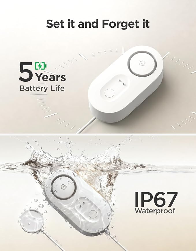 GoveeLife Upgraded Smart Water Leak Detector 1s with 4.92 ft Sensor Cable, WiFi Water Sensor with SMS/Email/APP Push and Sound Alarm, 5-Year Battery Life, Suit for Home, Basement, Kitchen (3 Pack)
