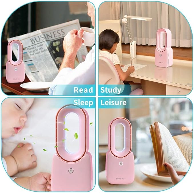 Misby Rechargeable Bladeless Desk Fan, 11.8 Inch with 5-Color LED Light, Small Quiet Table Fan for Bedroom Home Office Desk, Pink