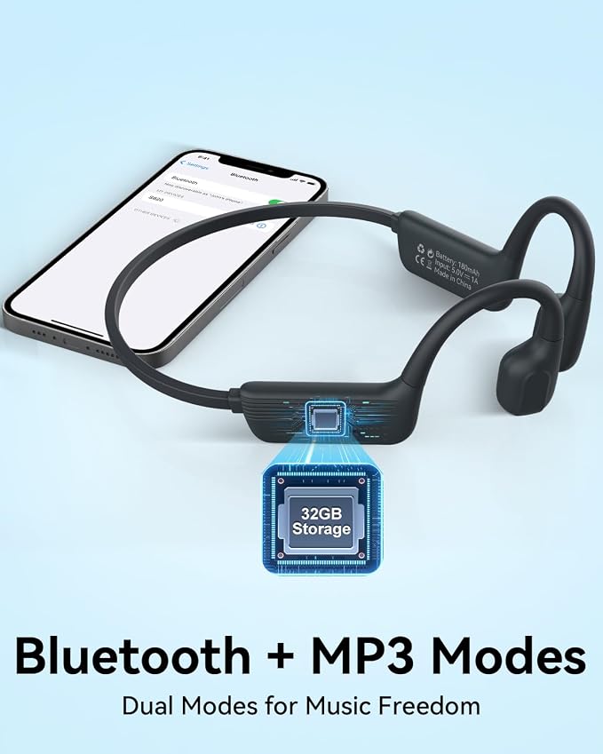 MONODEAL Swimming Headphones-IP68 Waterproof Headphones | Open Ear Bluetooth Waterproof Earbuds with 32GB Memory Card, IP68 Waterproof Headphones for Swimming,Running