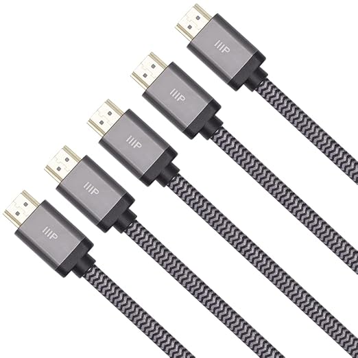 Monoprice 8K Certified Braided Ultra High Speed HDMI 2.1 Cable - 8K@60Hz, 48Gbps, CL2 In-Wall Rated, 30AWG, Dynamic HDR, Compatible With the Latest Gaming Consoles, 5-Pack, 10 Feet, Black/Gray