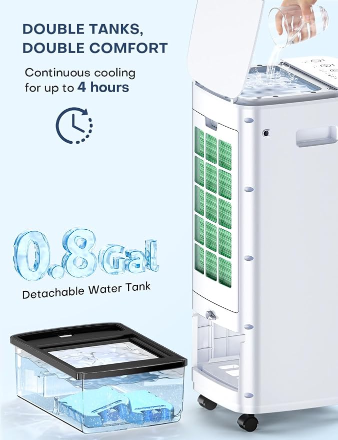BALKO 3-IN-1 Windowless Air Conditioner w/Double Tanks, Smart Timer, 3 Ice Packs, 60W Evaporative Air Cooler, 70° Oscillation, 3-Speed 25-INCH Swamp Cooler Air Conditioner Portable for Room