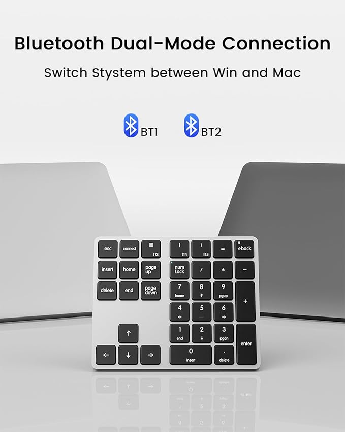 Kisnt KN300BT Bluetooth Number Pad for Laptop, 34- Key Wireless Rechargeable Numeric Keypad Portable External Numpad for MacBook, Tablets, Mac, iOS, Android, Windows PC