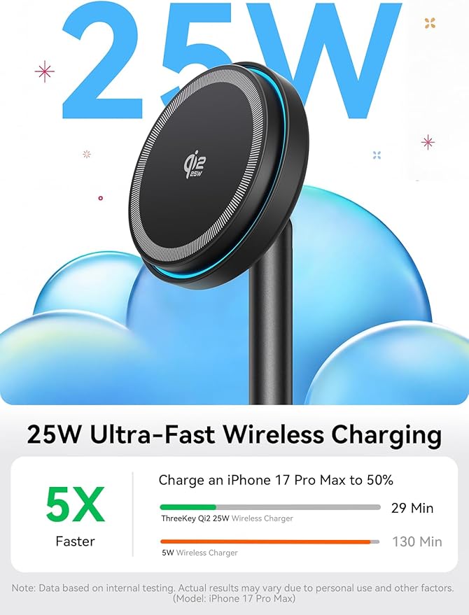 THREEKEY for Qi2 Certified 25W Magnetic Charging Stand with Cooling Fan & LED Light, Fast Wireless Charger Station for iPhone 17-12 Series/Galaxy S26-S25【Included 35W Adapter &5ft Cable】