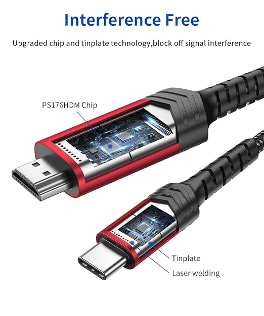 JSAUX USB C to HDMI Cable 6.6ft/2M (4K@60Hz), USB 3.1 Type C to HDMI 2.0 Cord, HDR, HDCP 2.2 Compatible with iPhone 16/16 Plus/16 Pro/16 Pro Max, Galaxy S24 S23 S22, iPad Pro -Red