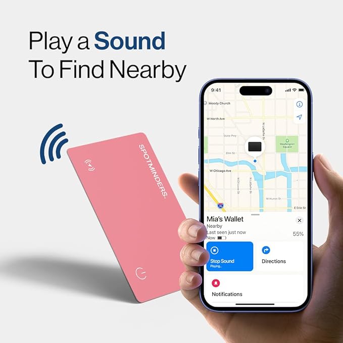 SPOTMINDERS Apple MFi Certified Wallet Tracker Card for Travel Gifts for Women - Works with Apple Find My Rechargeable Tracking Card for Wallet Luggage Passport Purse Slim 0.07in IP68 Pink Item Finder