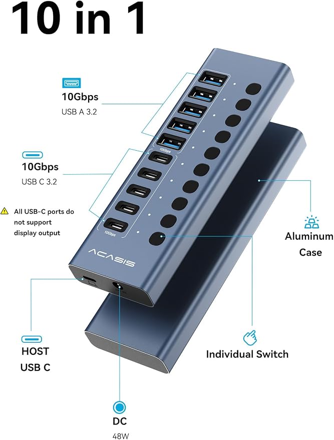 Powered USB 3.2 Hub, ACASIS 10 Ports USB 3.2 Hub(5 USB-A 3.2 Ports+5 USB-C 3.2 Ports), Aluminum USB Hub Powered with 48W Power Adapter, USB Hub for PC/Laptop, Computer, Flash Drive, Printer, Camera