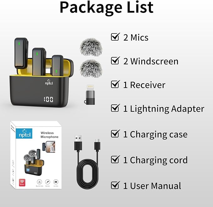 NPTCL Wireless Lavalier Microphone for iPhone Android Phone - USB Type C Mini Microphone with 24H Charging Case Noise Reduction for Video Recording Vlog YouTube TikTok