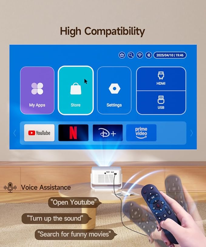 2026 Smart Projector 4K & 8K Support, Portable Projector with WiFi 6 and Bluetooth 5.4, Auto Focus & Vertical Keystone, 180°Rotatable, Mini Proyector for Outdoor Home HY300Max