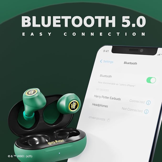 iJoy Harry Potter Slytherin Wireless Bluetooth Earbuds with Charging Case, Built-in Mic, 30 Hr Playtime, Officially Licensed | Harry Potter Gifts for Women, Men, Teens, Kids & All Fans of Slytherin
