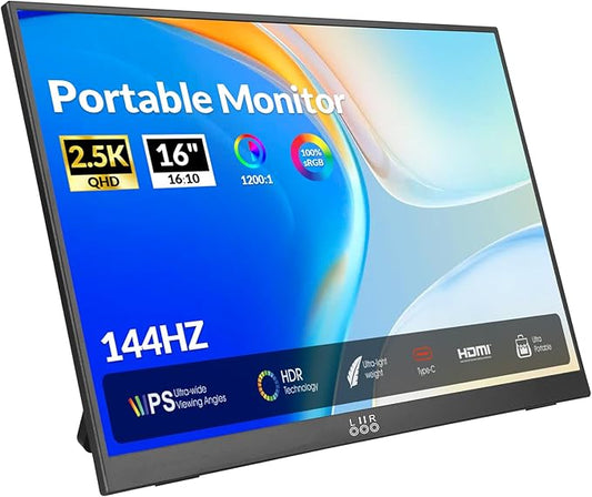 Portable Monitor, 16 inch 2.5K 144Hz 100% sRGB, Ultra-Slim Lightweight External gaming Display, HDR & FreeSync, Type-C/mini HDMI, Second Screen for Laptop MacBook PC Xbox Switch PS4/5, VESA Mountable