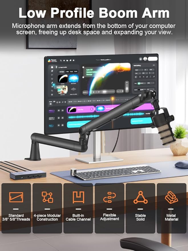 Low Profile Mic Arm Stand,Adjustable Desk Clamp Mic Boom Arm with 360°Swivel and Detachable Rise Column，Built-In Cable Management,with Mic Clip 3/8" to 5/8",For Podcasting and Streaming