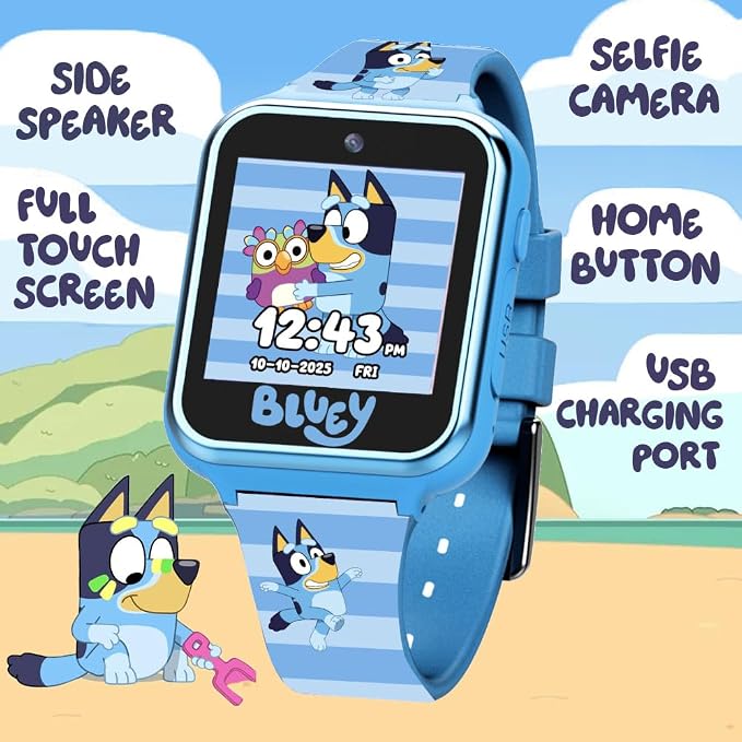Bluey Kids Smartwatch with Camera, Games, Pedometer and Audio Recorder for Creative Play and Learning, 1.5" Touchscreen, Blue, Fits 5.5"-8.0" Wrists, for Boys and Girls Ages 3+
