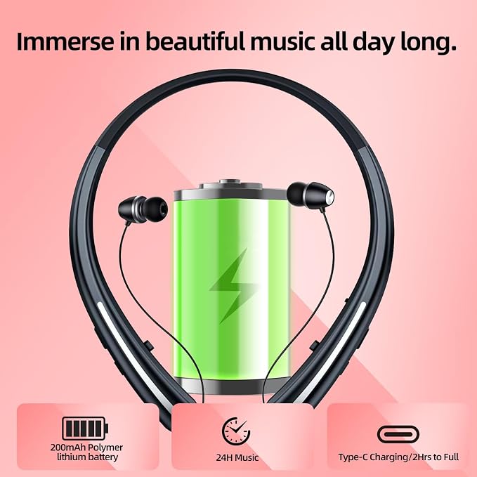 Bluetooth Headphones Neckband, Retractable Headset Wireless Sports Earbuds Noise Cancelling Stereo Earphones with Microphone, IPX5 Sweatproof, Compatible with iPhone Android (Black)