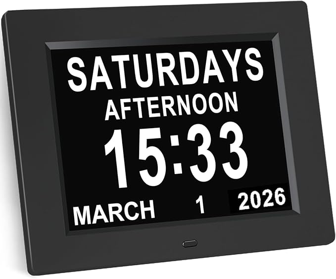 KASTISS 8 Inch Digital Calendar Alarm Day Clock, Large Digital Clock Easy-to-Read, Impaired Vision People, 12 Customizable Alarms, Dementia, Alzheimer’s, Elderly Care & Bedroom/Kitchen (Black)