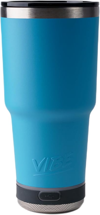 Vibe 28 oz Tumbler with Bluetooth Speaker, Insulated Stainless Steel Travel Cup with Lid, Hot & Cold Drink Beverage Container, Removable Speaker with Microphone, Rubber Base, Water Blue