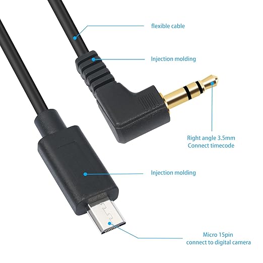 1FT Micro USB 15-Pin to 3.5mm Right Angle Timecode Cable - 90° Angled Camera timecode Cable for FX3 FX-30 A7M3 A7M4 A7S2 A7S3, 3.5mm Audio Timecode Sync, Gold-Plated Connectors
