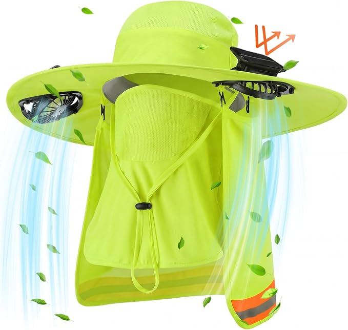 Sun Hat with Fan for Women Men Wide Brim Fishing Solar Hat with Face Cover Neck Flap Reflective with Dual Power