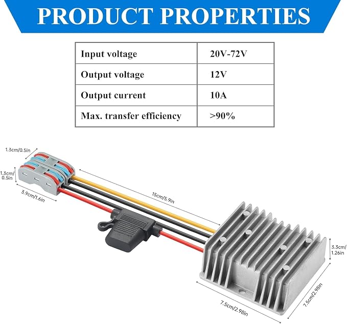 20-72V to 12V 10A 120W Waterproof DC-DC Buck Converter with Fuse | Step Down Converter for Automotive, Led Lights, Construction Sites, Tools