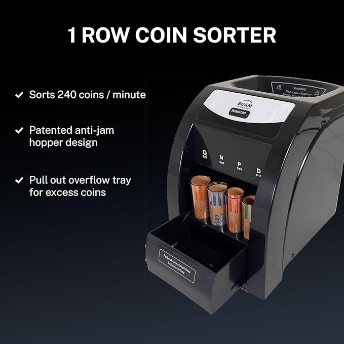 Automatic Coin Sorter, 1 Row with Quick-Access Lid, Patented Anti-Jam Technology, and Coin Wrapper Starter Pack Included (CSD-1000)