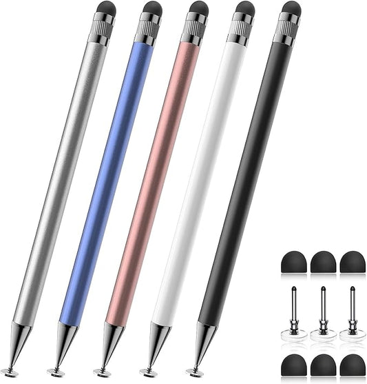 Bopomofo Stylus (5 Pcs), 2-in-1 Stylus Pen for Touch Screen, High Precision and Sensitivity, Suitable for iPhone/ipad/Android Tablets, Compatible with Touch Screens (Black/White/Blue/Rose Gold/Silver)