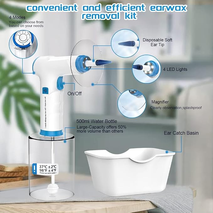Temodu Electric Ear Wax Removal Kit, Rechargeable Earwax Remove Removal Ear Irrigation System, and Effective Clean Ear, Features Disposable Tips & Ear Catch Basin (9+1 Disposable Tips) (Blue)