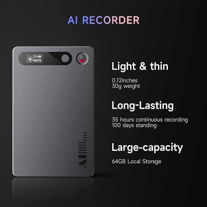 AI Voice Recorder, Note Voice Recorder, App Control, Transcribe & Summarize with AI Technology, Supports 80+ Languages, 64GB Memory Audio Recorder for Lectures, Meetings, Call, Interview (Black)