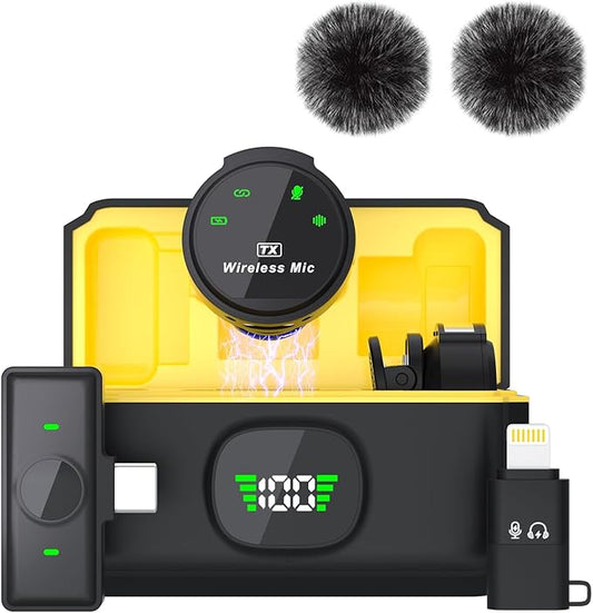 Wireless Lavalier Microphone for iPhone/Android with USB C/Lightning adaptor(2 TX+1 RX+Charging Case), Mini Microphone with Noise Cancellation, 48H Battery, Clip on Lapel Mic for Video Recording Vlog