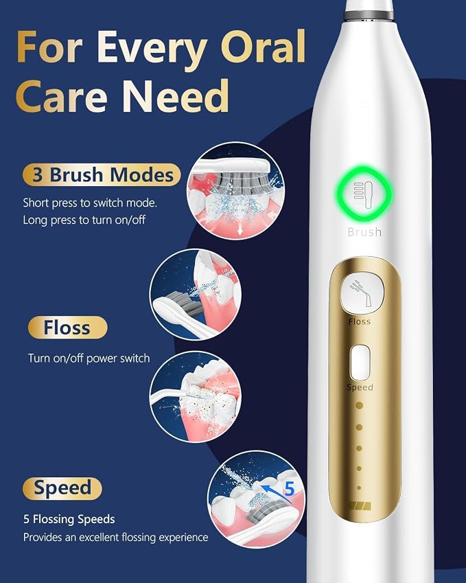 Electric Toothbrush with Water Flosser Combo, Professional Flossing Toothbrush with 3 Sonic Brush Modes & 5 Water Pressures, Cordless Water Flosser for Adults Teeth Cleaning Plaque Removal, White