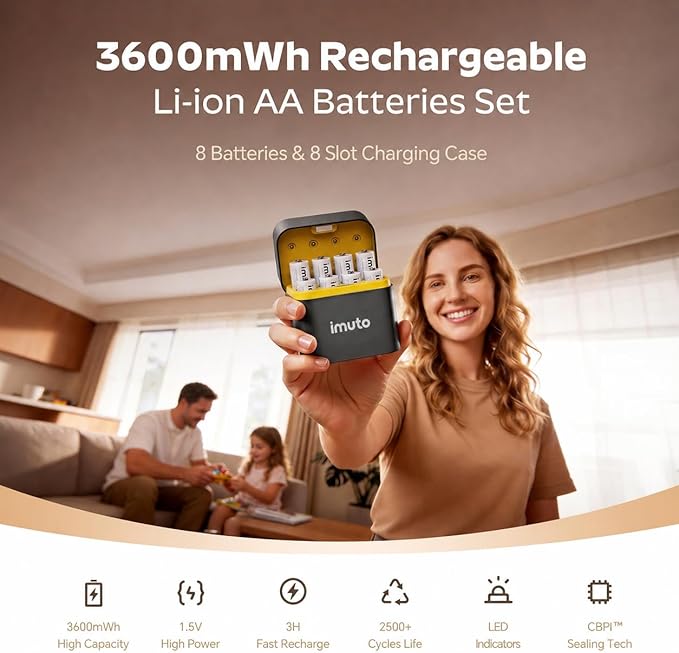 imuto Rechargeable AA Batteries with Charger, 8 Pack 3600mWh aa Lithium Batteries, 8 Slot Storage Case, 1.5V 2A Output, 2500+ Cycles Life, 3H Fast Charging for Smart Lock, Xbox, Blink Camera