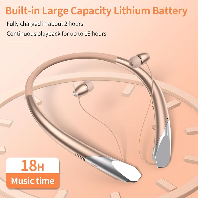 Bluetooth Headphones Retractable Neckband, Bluetooth Headset Wireless Earbuds with Microphone Vibration Call, Stereo Noise Cancelling Earphones (Rose)