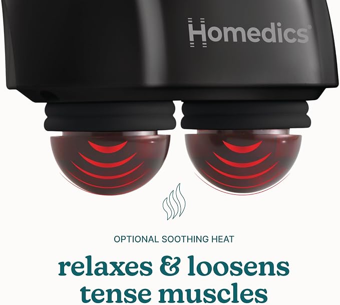Homedics Handheld Back Massager with Heat, Deep Tissue Percussion Massager for Neck, Shoulders & Body, 4 Custom Attachment Sets, Dual Node Massage, 3 Speeds, Comfort Grip Handle, Twin Percussion Pro